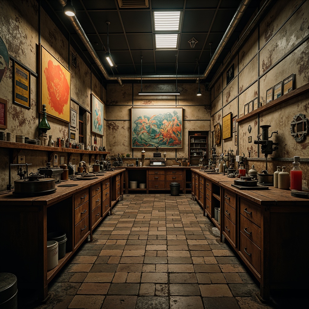 Prompt: Distressed laboratory walls, worn wooden cabinets, rusty metal equipment, vintage scientific instruments, dimly lit atmosphere, eerie shadows, bold color accents, abstract expressionist artwork, rough stone flooring, reclaimed wood textures, industrial metal lighting, moody warm tones, shallow depth of field, 1/1 composition, cinematic view, high-contrast lighting, ambient occlusion.