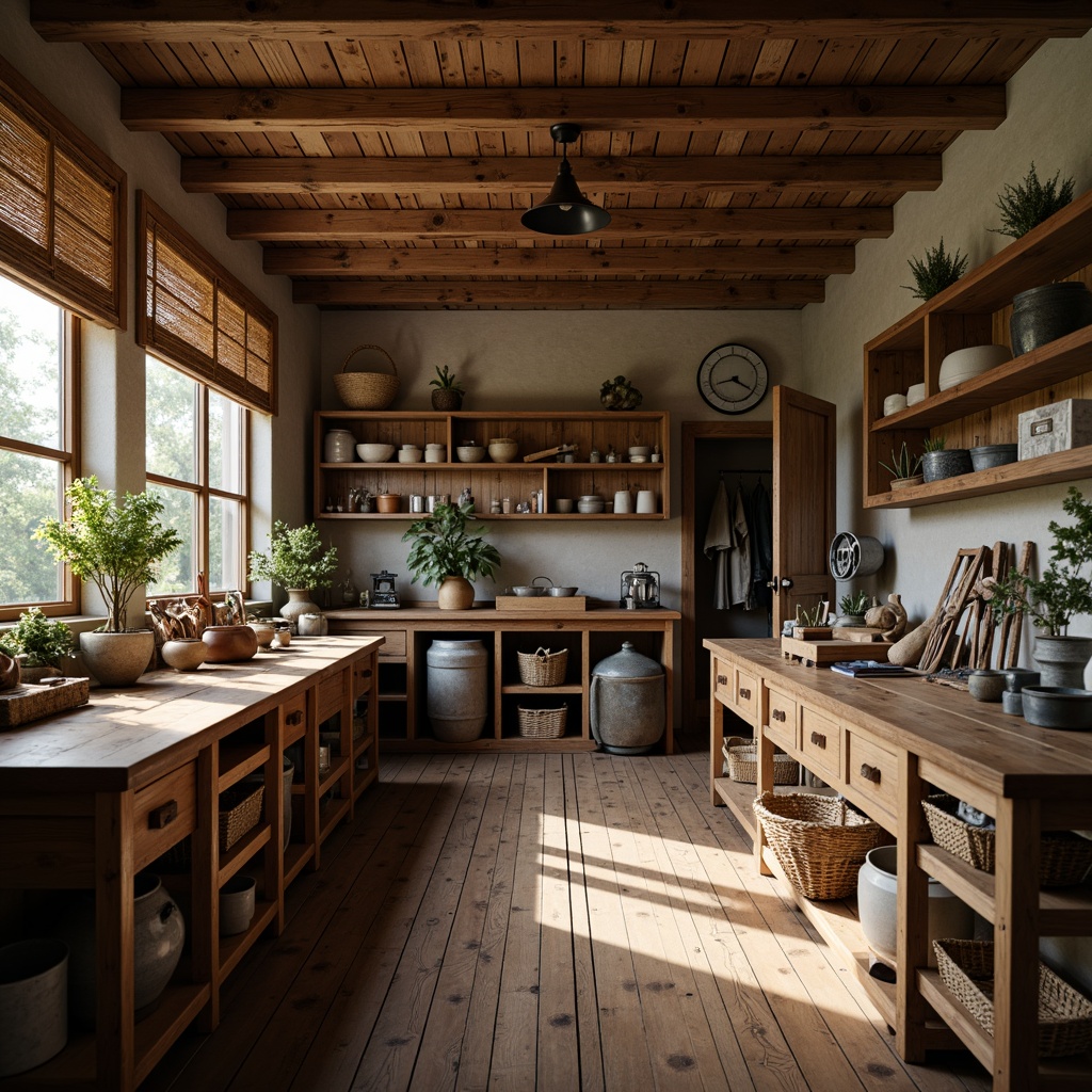 Prompt: Rustic craft room, wooden workbenches, vintage tools, earthy color palette, natural textures, woven baskets, distressed wood shelving, metal lanterns, reclaimed wood accents, cozy ambiance, warm soft lighting, shallow depth of field, 1/1 composition, intimate atmosphere, realistic wood grains, ambient occlusion.