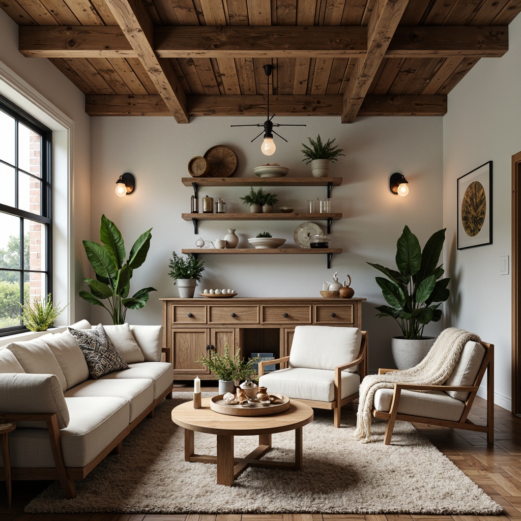 Prompt: Rustic farmhouse, streamlined modern design, earthy color palette, weathered wood accents, creamy whites, warm beiges, soft sage greens, muted blues, distressed metal finishes, industrial lighting fixtures, exposed brick walls, wooden beams, natural stone flooring, vintage decorative items, cozy textiles, plush throw blankets, warm candlelight, shallow depth of field, 2/3 composition, realistic textures, ambient occlusion.