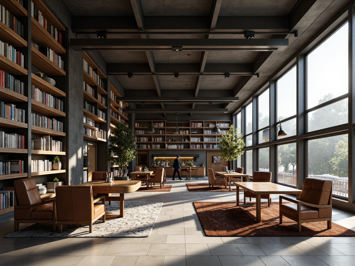 Prompt: Industrial chic library, minimalist Bauhaus style, steel frame bookshelves, reclaimed wood tables, leather-bound books, metal reading lamps, geometric patterned rugs, monochromatic color scheme, functional simplicity, clean lines, open spaces, natural light pouring in, warm ambient glow, 1/1 composition, shallow depth of field, realistic textures.