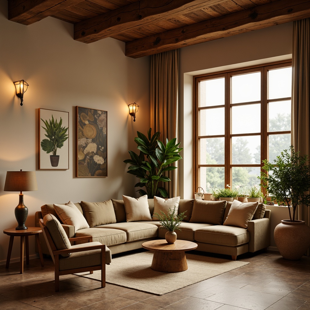 Prompt: Cozy living room, warm beige walls, rich walnut furniture, soft velvet upholstery, golden lighting fixtures, natural stone flooring, earthy terracotta pots, lush green plants, calming atmosphere, soft morning light, shallow depth of field, 1/1 composition, realistic textures, ambient occlusion.