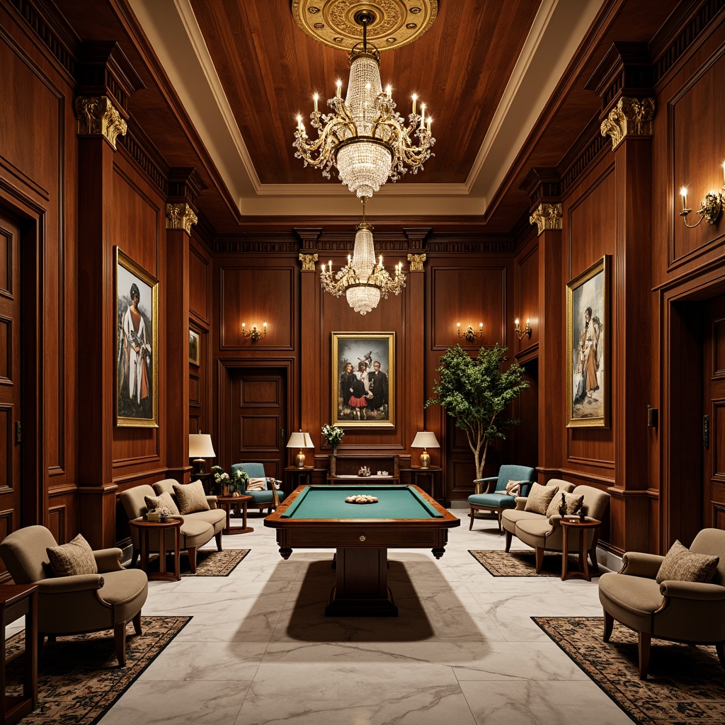 Prompt: Elegant game room, rich wood paneling, ornate moldings, grand chandeliers, plush velvet upholstery, intricate marble floors, neoclassical columns, carved wooden furniture, subtle golden accents, soft warm lighting, shallow depth of field, 1/1 composition, symmetrical arrangement, realistic textures, ambient occlusion, luxurious fabrics, refined color palette, sophisticated atmosphere.