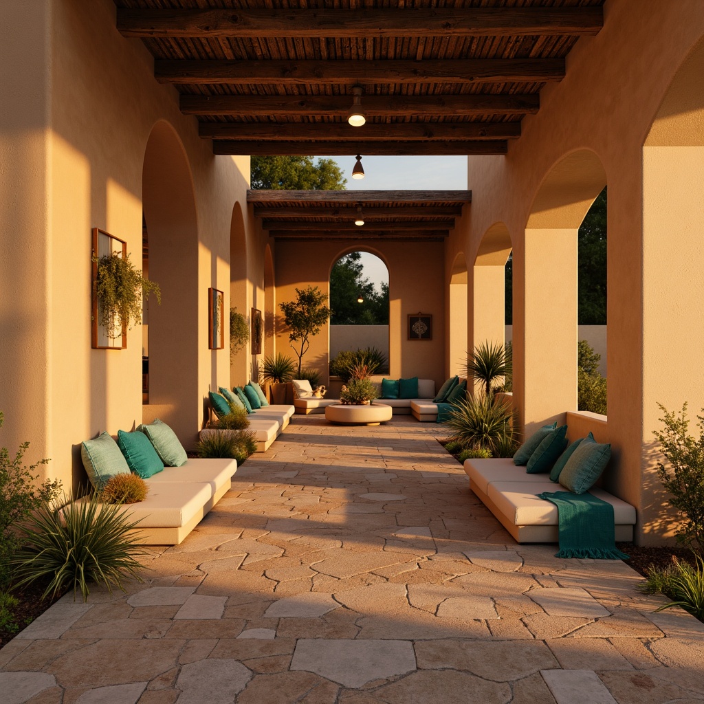 Prompt: Warm golden lighting, soft warm glow, ambient occlusion, subtle shadows, natural stone seating, southwestern-inspired architecture, curved lines, earthy tones, sandy beige walls, turquoise accents, vibrant textiles, woven patterns, rustic wooden beams, dramatic spotlights, warm color temperature, low-key lighting, 3/4 composition, shallow depth of field, realistic textures.