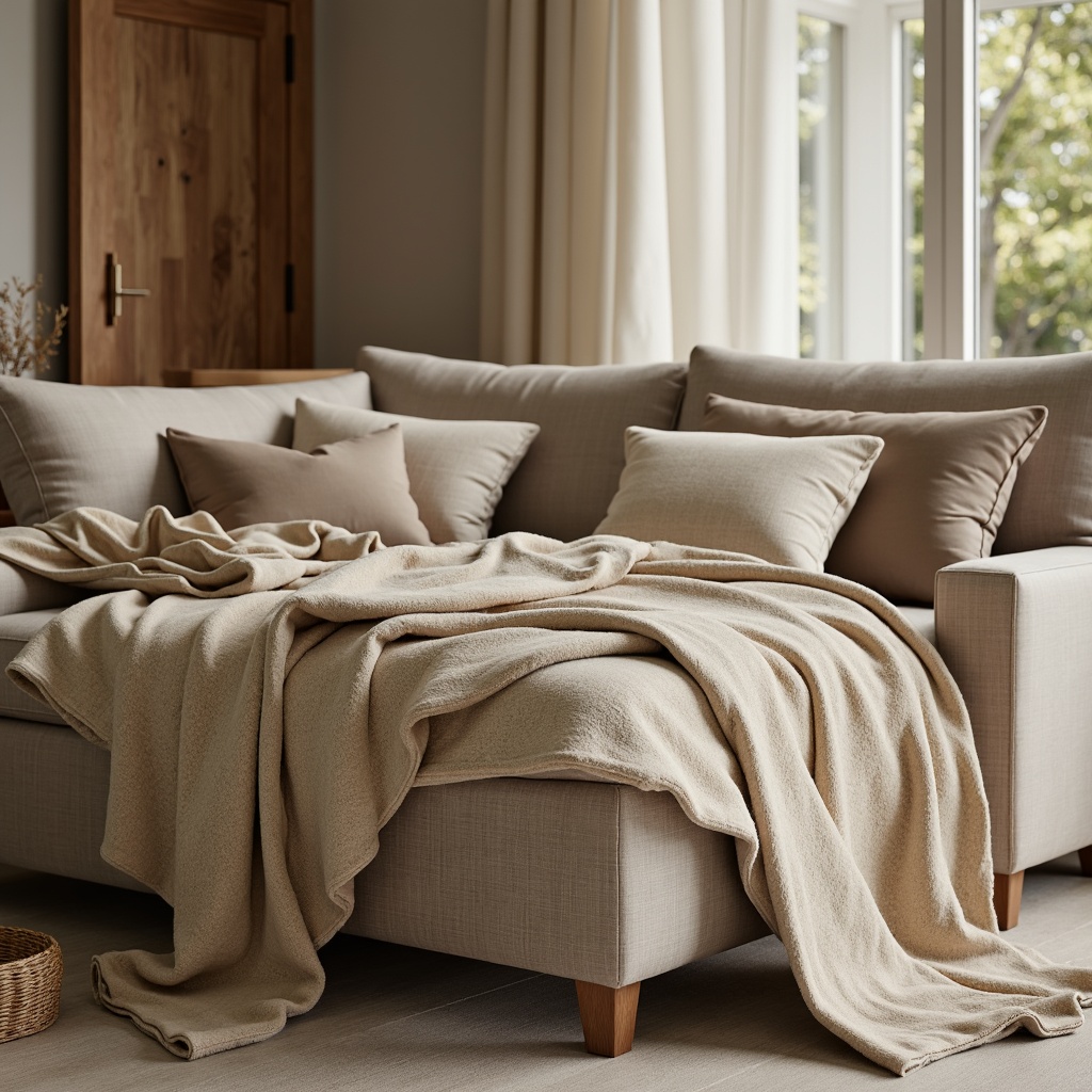 Prompt: Cozy throw blankets, plush pillows, soft velvet fabrics, warm beige tones, natural linen textures, elegant drapery, sophisticated upholstery, rustic wooden accents, minimal modern furniture, calm atmosphere, soft box lighting, shallow depth of field, 1/1 composition, intimate close-up shots, realistic fabric simulations.