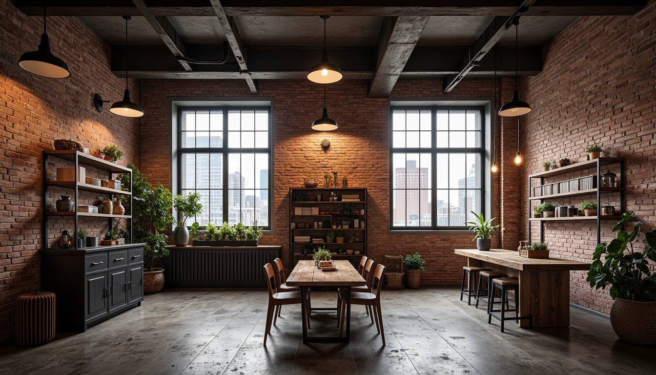 Prompt: Exposed brick walls, metal beams, reclaimed wood floors, industrial-style lighting fixtures, distressed concrete textures, urban cityscape backdrop, converted warehouse setting, modern minimalist decor, functional steel shelving units, Edison bulb pendant lights, raw unfinished surfaces, eclectic vintage machinery elements, bold color accents, gritty urban atmosphere, high-contrast dramatic lighting, 1/1 composition, shallow depth of field, realistic metallic reflections.