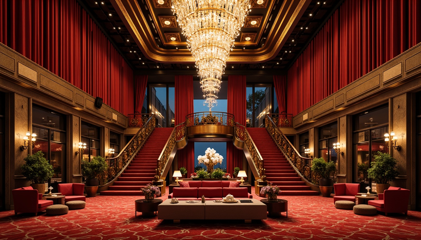 Prompt: Luxurious cinema interior, rich velvet drapes, ornate golden accents, metallic sheen, opulent chandeliers, lavish red carpets, intricate geometric patterns, bold black outlines, soft warm lighting, dramatic shadows, art deco motifs, glamorous Hollywood Regency style, luxurious seating areas, grand staircases, majestic pillars, sleek chrome details, vibrant jewel-toned colors, ornate mirrors, elegant marble floors, sophisticated ambiance, cinematic atmosphere.