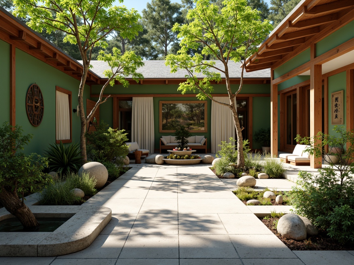 Prompt: Serene Asian-inspired courtyard, natural stone flooring, bonsai trees, tranquil water features, wooden accents, sliding shoji doors, vibrant green walls, educational murals, traditional lanterns, cultural symbols, cozy reading nooks, comfortable seating areas, abundant natural light, warm wood tones, subtle fragrance of incense, shallow depth of field, 1/2 composition, realistic textures, ambient occlusion.