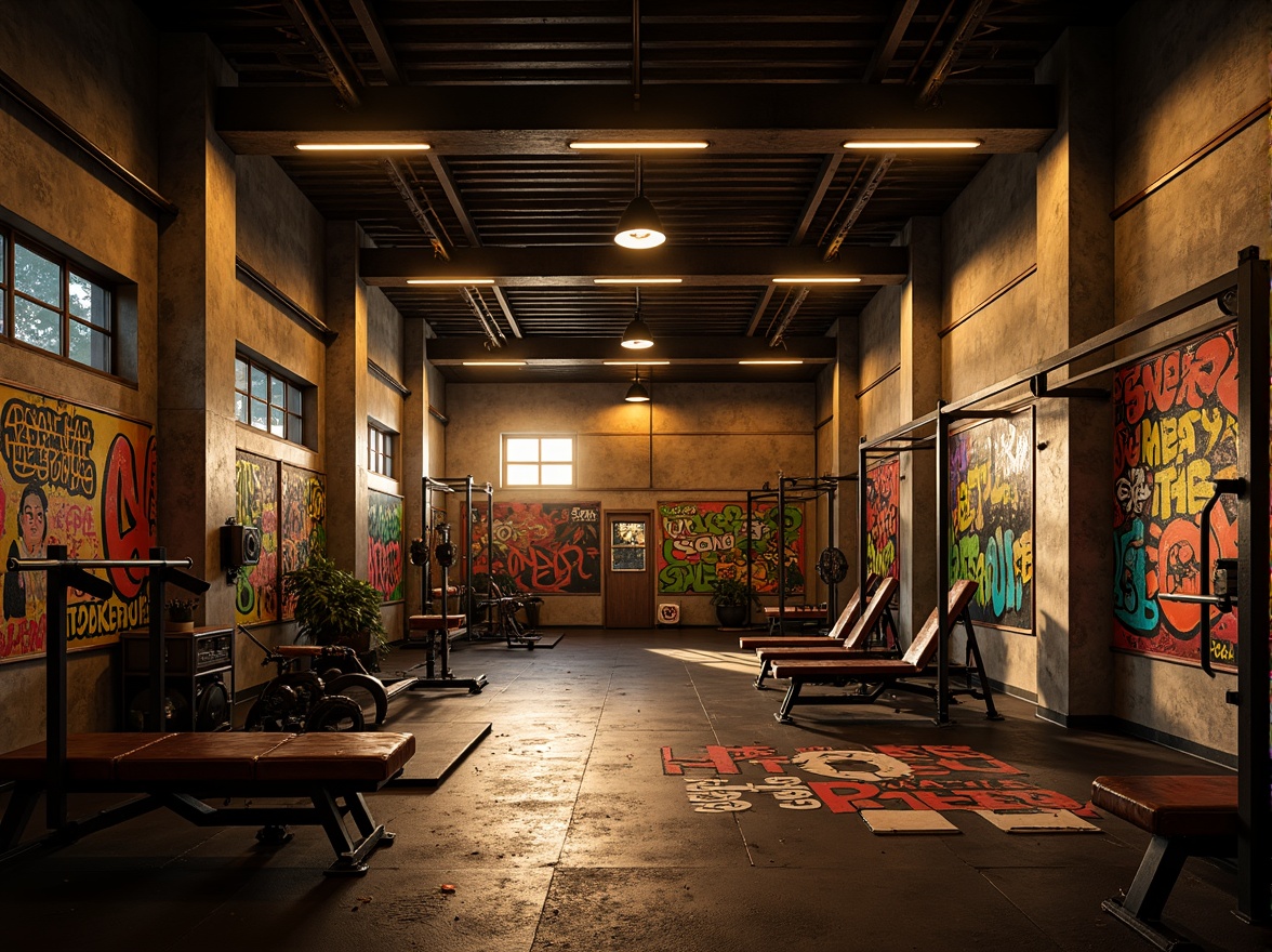 Prompt: Moody home gym atmosphere, warm golden lighting, dramatic shadows, industrial metal beams, distressed concrete walls, reclaimed wood accents, vibrant colorful graffiti, abstract art pieces, eclectic fitness equipment, worn leather benches, motivational quotes, intense spotlighting, high-contrast ratios, cinematic composition, shallow depth of field, bold brushstroke textures.