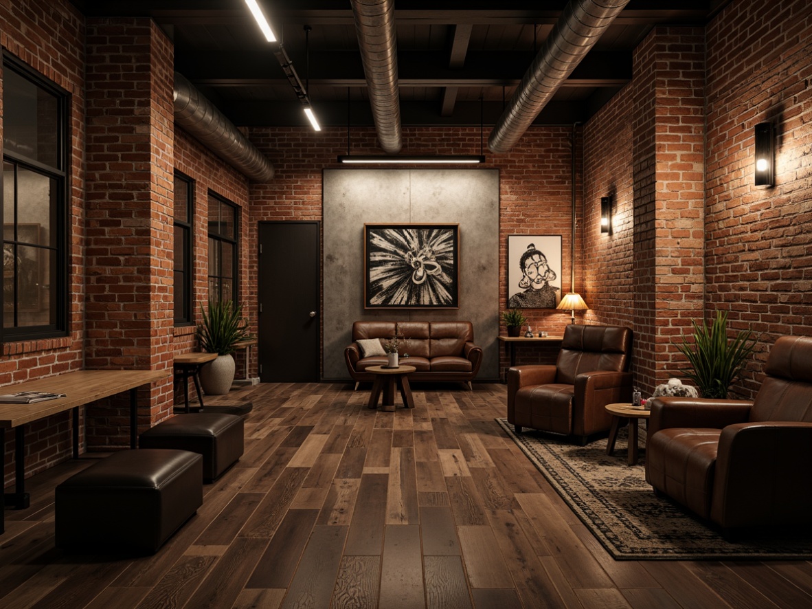 Prompt: Exposed brick walls, metallic accents, reclaimed wood floors, distressed leather furniture, industrial-style lighting fixtures, minimalist decor, urban loft atmosphere, moody color palette, dim warm lighting, shallow depth of field, 3/4 composition, realistic textures, ambient occlusion.