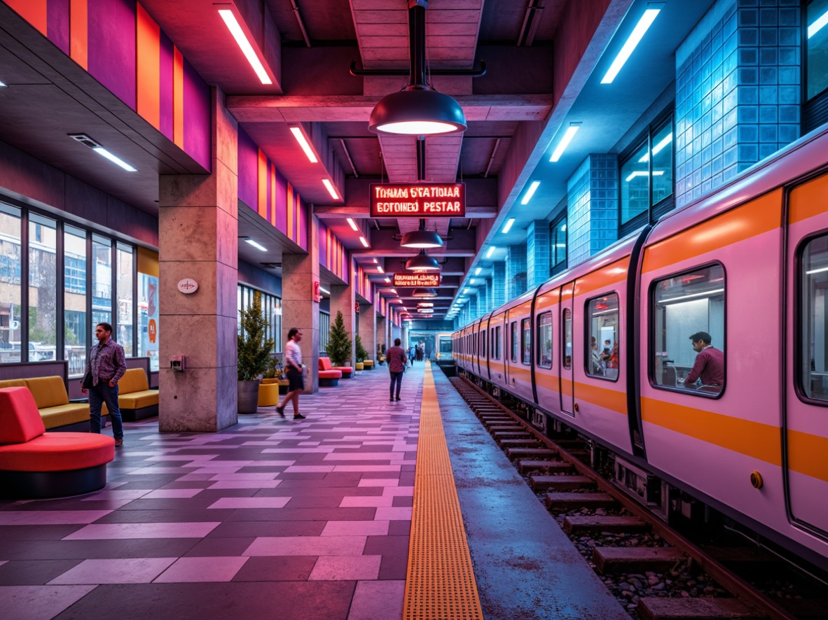 Prompt: Vibrant train station, bold postmodernist architecture, bright neon lights, pastel color schemes, retro-futuristic vibes, eclectic material mix, metallic accents, glass bricks, irregular shapes, abstract patterns, dynamic lighting effects, warm ambient glow, shallow depth of field, 1/2 composition, panoramic view, realistic textures, ambient occlusion.