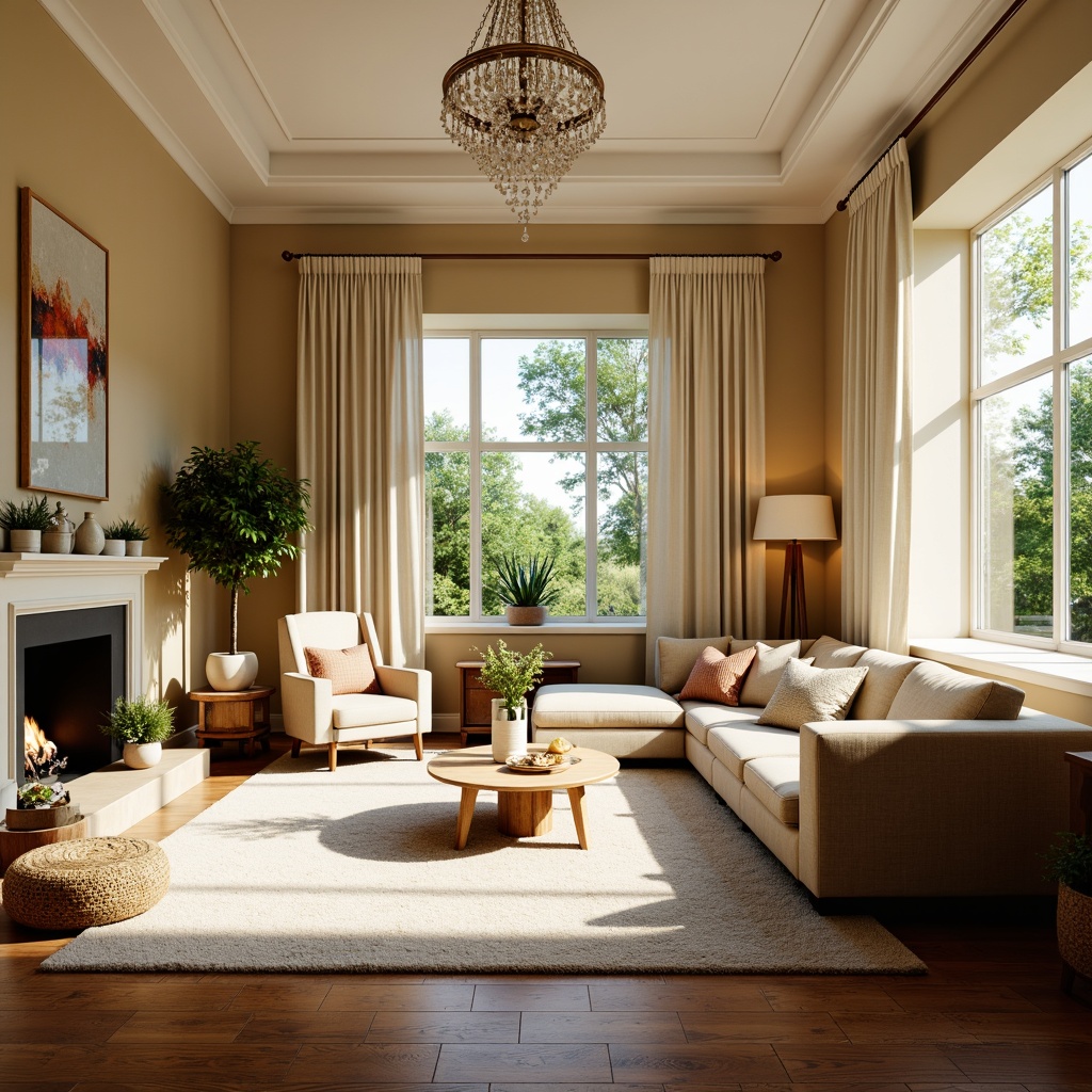 Prompt: Cozy living room, warm beige walls, rich brown furniture, soft cream accents, plush area rug, natural wood flooring, elegant crystal chandelier, modern abstract artwork, comfortable sectional sofa, vibrant greenery, large windows, sunny day, soft warm lighting, shallow depth of field, 3/4 composition, realistic textures, ambient occlusion.