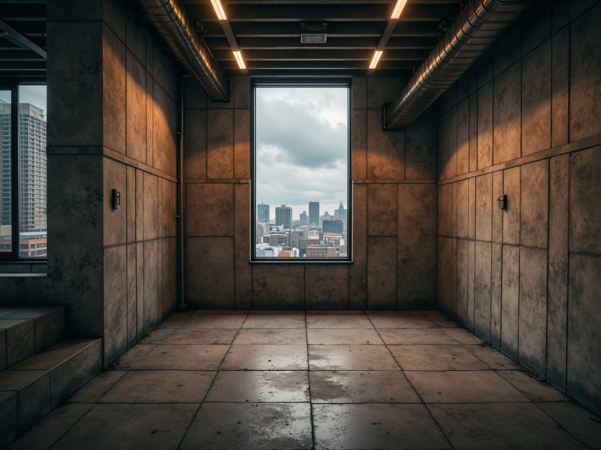 Prompt: Rough concrete walls, raw industrial textures, minimalist decor, brutalist architecture, dramatic shadows, high-contrast lighting, warm ambient glow, cold harsh spotlights, industrial metal fixtures, exposed ductwork, urban cityscape views, overcast skies, moody atmosphere, cinematic composition, shallow depth of field, 2/3 rule, high-dynamic-range capture.