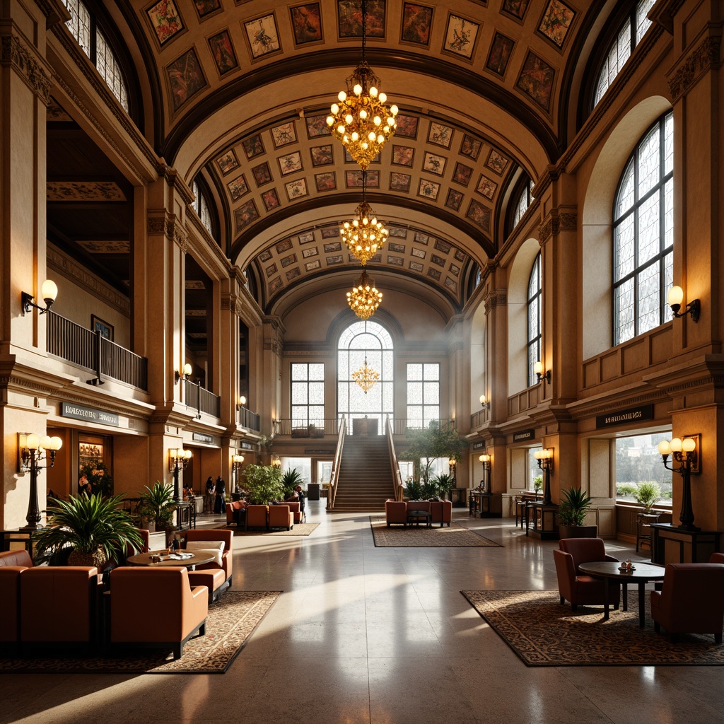 Prompt: Grand airport terminal, high ceilings, ornate chandeliers, warm golden lighting, intricate moldings, luxurious furnishings, rich wood accents, stained glass windows, vintage luggage carts, elegant signage, majestic staircases, spacious lounges, atmospheric misting, soft box lighting, warm color temperature, 1/2 composition, realistic reflections, ambient occlusion.