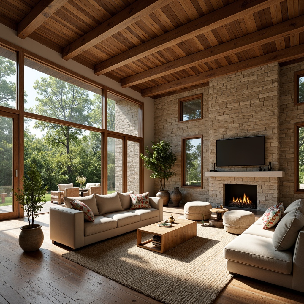 Prompt: Cozy great room, natural stone walls, wooden beam ceiling, reclaimed wood flooring, plush area rugs, comfortable sectional sofa, earthy tone color palette, floor-to-ceiling windows, sliding glass doors, lush greenery views, rustic wooden accents, woven textiles, organic shapes, warm ambient lighting, soft sunbeams, shallow depth of field, 2/3 composition, realistic textures, atmospheric rendering.