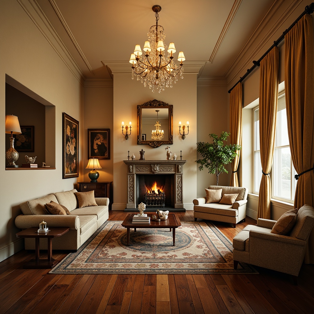 Prompt: Elegant traditional living room, ornate chandeliers, warm soft lighting, cream-colored walls, rich wood flooring, plush furniture, velvet drapes, crystal glass fixtures, bronze metal accents, subtle texture contrasts, intimate ambiance, 1/1 composition, warm golden hour, realistic fabric simulations.