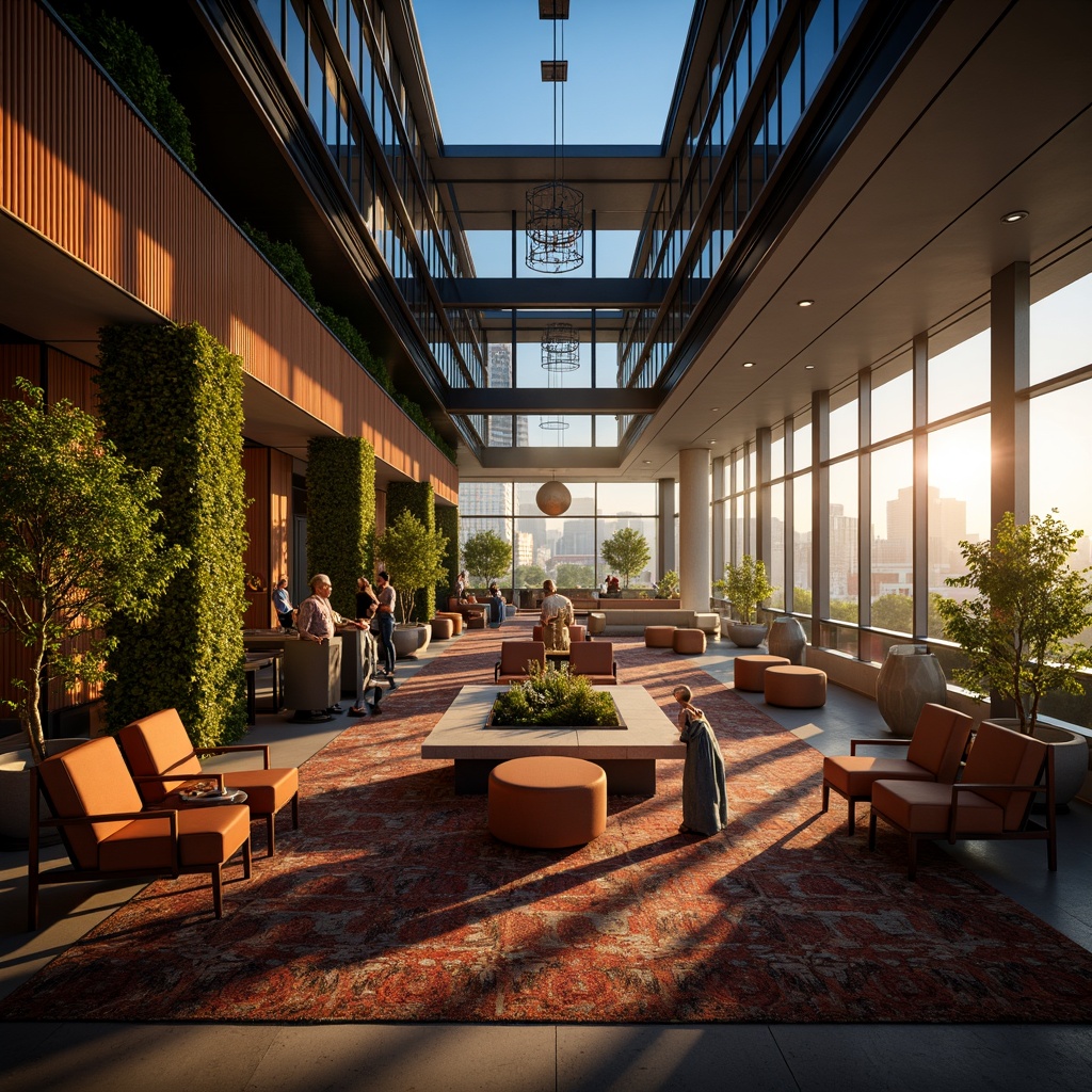 Prompt: Vibrant event space, bold modern architecture, sleek metal accents, rich wood tones, luxurious fabrics, jewel-toned lighting, dramatic ceiling heights, expansive windows, urban cityscape views, warm golden hour, softbox lighting, 2/3 composition, atmospheric fog effects, high-contrast color scheme, deep blues, emerald greens, burnt oranges, creamy whites.