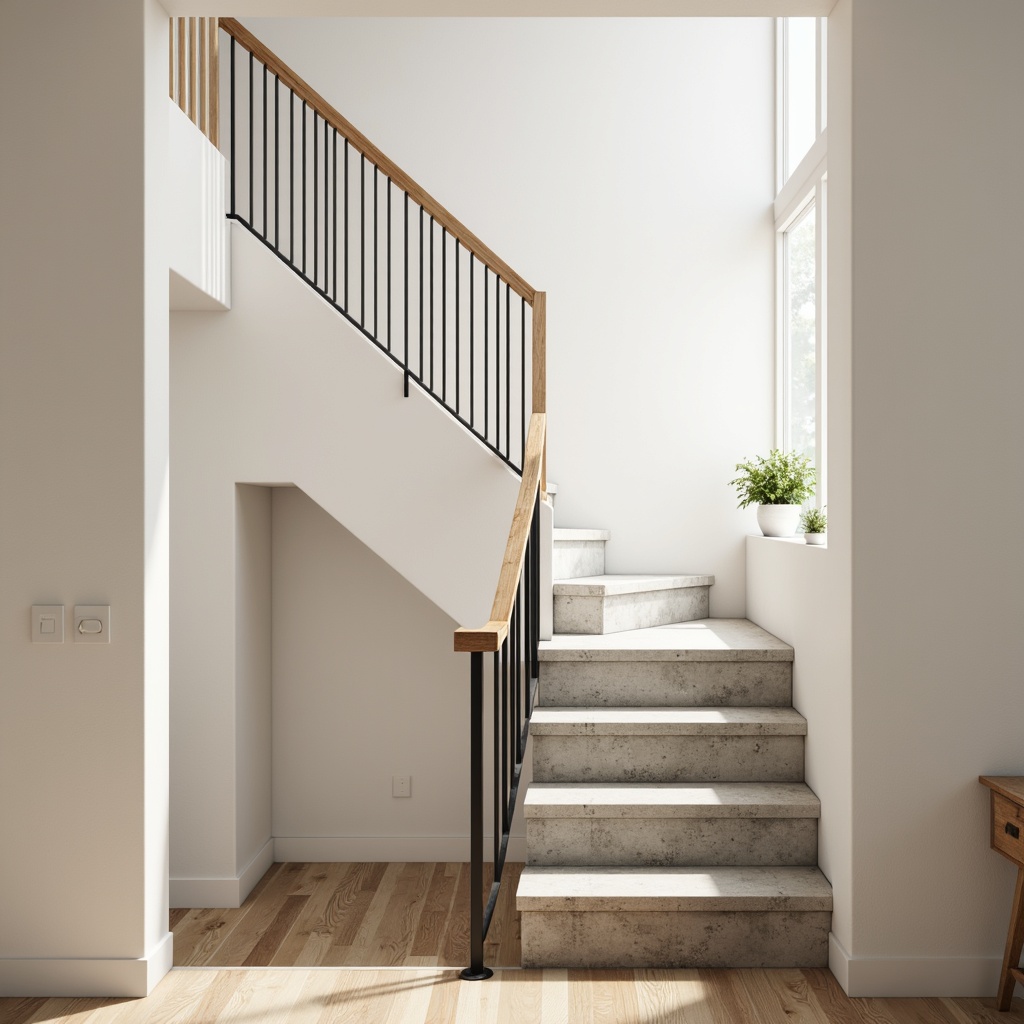 Prompt: Light-filled Scandinavian staircase, minimalistic design, wooden handrail, pale-colored walls, natural materials, oak wood flooring, light gray stone steps, rustic metal railings, industrial-chic lighting, airy atmosphere, Nordic-inspired aesthetic, soft warm glow, 1/1 composition, realistic textures, ambient occlusion.