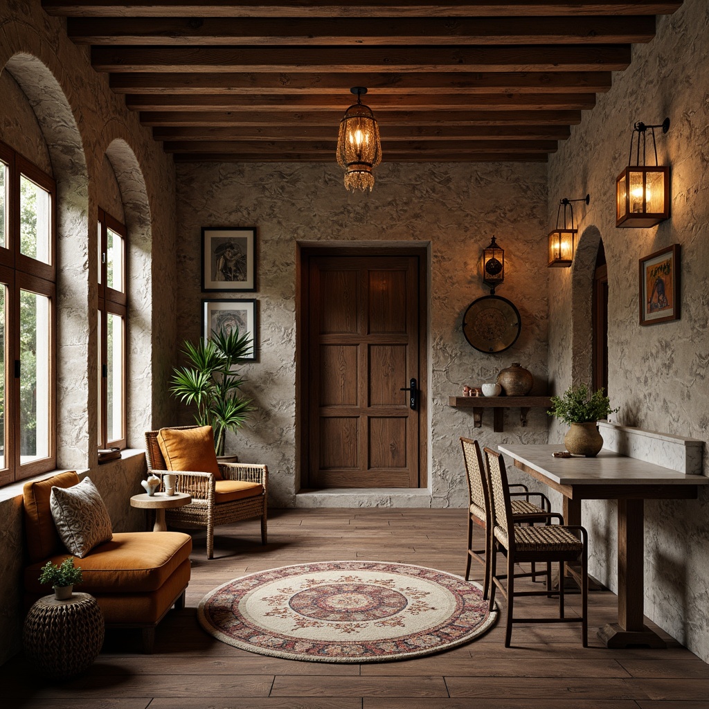 Prompt: Rustic wooden planks, distressed metal accents, rough-hewn stone walls, earthy tone ceramics, woven wicker furniture, plush velvet fabrics, intricate mosaic patterns, luxurious marble countertops, soft glowing lanterns, warm ambient lighting, shallow depth of field, 3/4 composition, realistic textures, ambient occlusion.