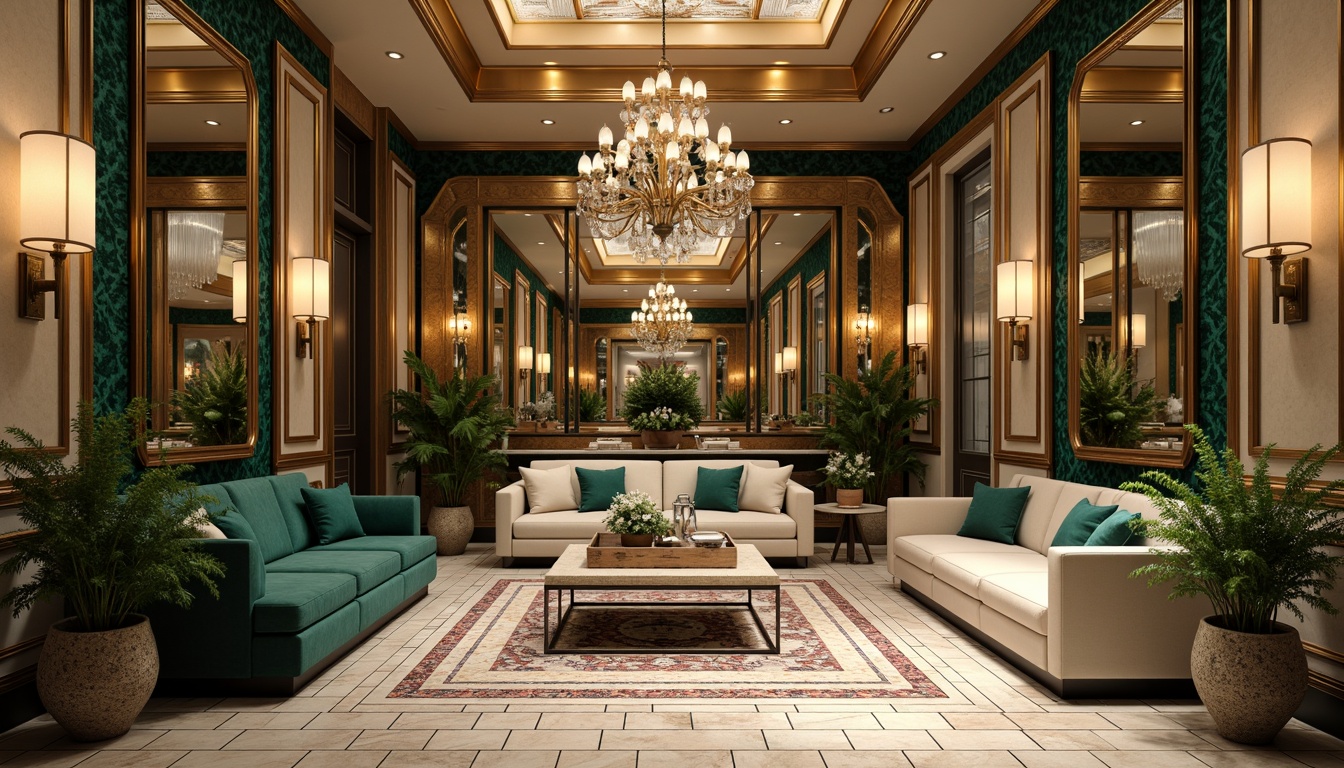 Prompt: Luxurious Art Deco interior, opulent metallic accents, bold geometric patterns, rich jewel-toned walls, lavish velvet furnishings, ornate mirrors, sleek chrome fixtures, sophisticated neutral backgrounds, creamy whites, deep emerald greens, navy blues, warm golden yellows, rich crimson reds, luxurious marble floors, intricate mosaics, dramatic chandeliers, high-contrast lighting, cinematic composition, 1/1 aspect ratio, highly detailed textures.