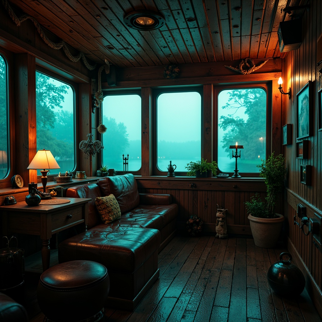 Prompt: Rich wood tones, dark oak accents, mysterious turquoise hues, warm candlelight, atmospheric foggy windows, rustic nautical ropes, vintage navigation instruments, ornate metal fixtures, distressed leather upholstery, weathered wooden planks, eerie lantern lighting, misty waterfront views, 1/2 composition, cinematic contrast, soft focus blur, dramatic shadows, intricate textures.