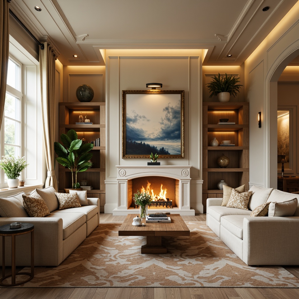 Prompt: Cozy living room, warm beige walls, rich wood accents, plush velvet sofas, soft golden lighting, elegant cream-colored curtains, subtle texture contrasts, natural material blends, earthy tone palettes, calming atmosphere, intimate seating areas, decorative wall art, ornate mirror frames, sophisticated furniture designs, luxurious fabric patterns, creamy whites, soothing blues, and warm neutrals.