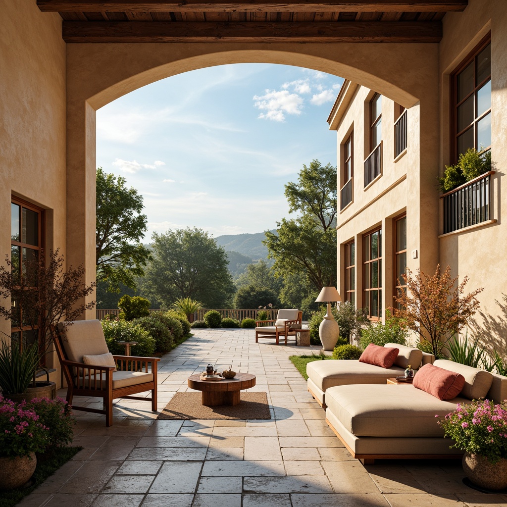 Prompt: Mediterranean villa, warm earthy tones, soft beige walls, rustic stone floors, lush greenery, blooming flowers, private courtyard, serene ambiance, natural light, warm sunny day, gentle breeze, tranquil atmosphere, elegant furnishings, luxurious textiles, rich wood accents, ornate decorations, sophisticated color scheme, calming blue hues, soothing neutral shades, vibrant coral accents, refreshing outdoor spaces, panoramic views, dramatic sunsets, ambient lighting, realistic render.