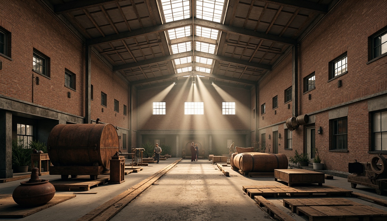 Prompt: Abandoned warehouse, industrial aesthetic, exposed brick walls, rusty metal beams, distressed wood floors, vintage machinery, reclaimed lumber accents, earthy tones, natural light pouring through skylights, minimalist decor, functional simplicity, raw concrete textures, urban grittiness, atmospheric fog, warm golden lighting, cinematic composition, symmetrical framing, high contrast ratios.