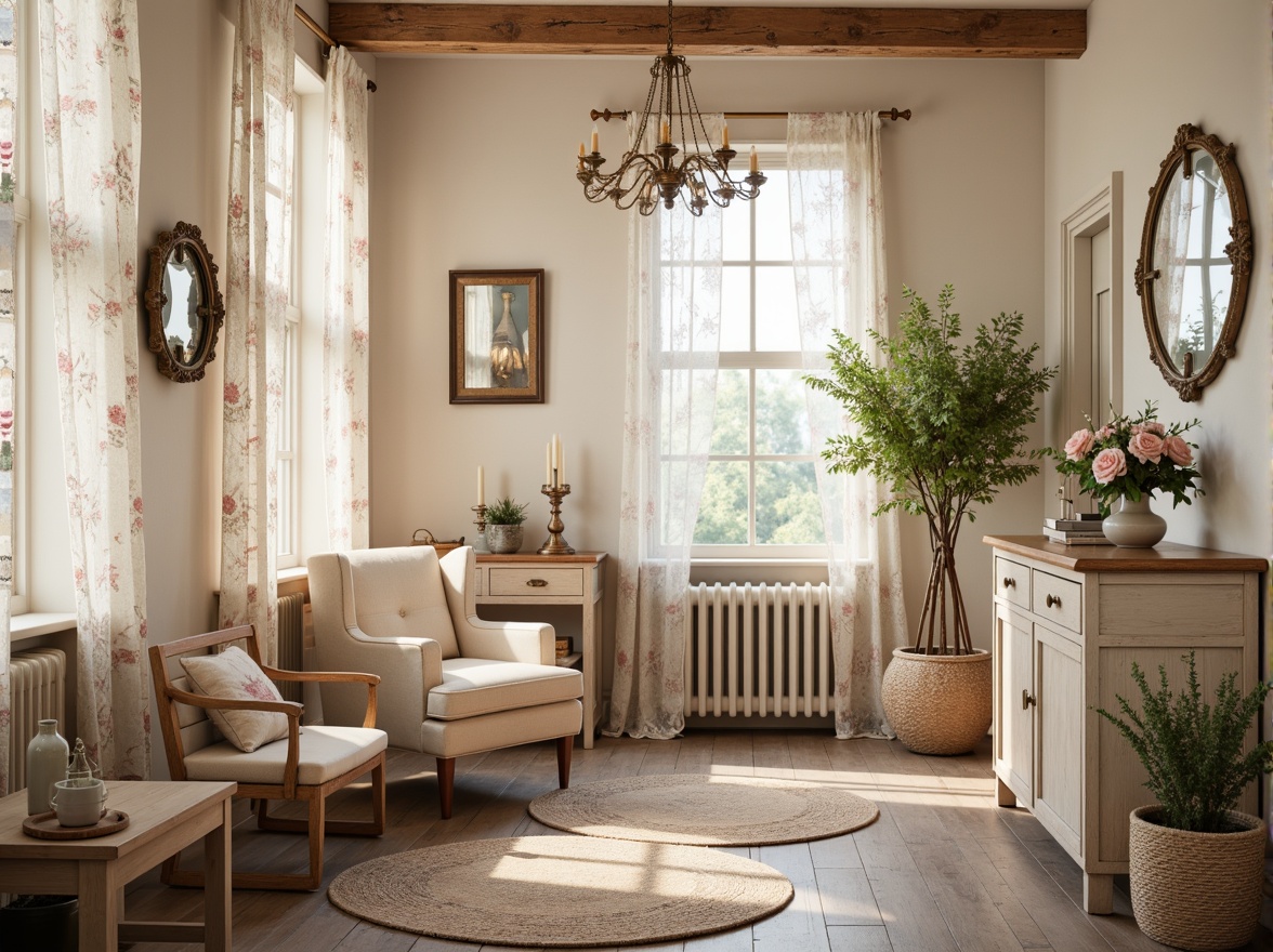 Prompt: Soft pastel hues, distressed wood furniture, vintage decor items, lace curtains, floral patterns, gentle cream tones, warm beige accents, pale pink roses, antique bronze hardware, ornate mirrors, rustic wooden floors, natural fiber rugs, candlelight ambiance, soft focus, shallow depth of field, 1/1 composition, warm and cozy atmosphere, realistic textures, ambient occlusion.