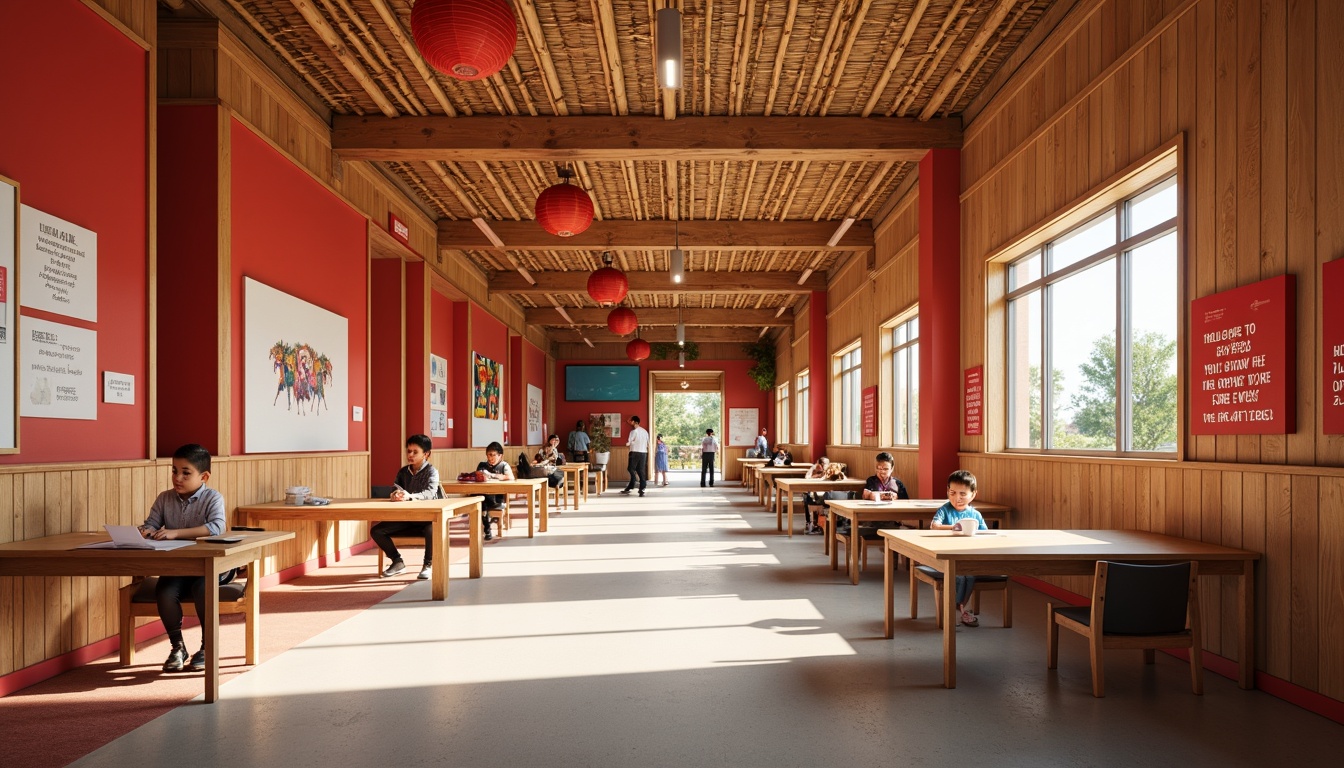 Prompt: Vibrant middle school hallway, Asian-inspired wooden furniture, bold red accents, natural bamboo textures, traditional Chinese lanterns, modern minimalist desks, ergonomic chairs, collaborative learning spaces, interactive whiteboards, colorful bulletin boards, inspirational quotes, soft warm lighting, shallow depth of field, 3/4 composition, panoramic view, realistic wood grain textures, ambient occlusion, harmonious fusion of traditional and modern elements.