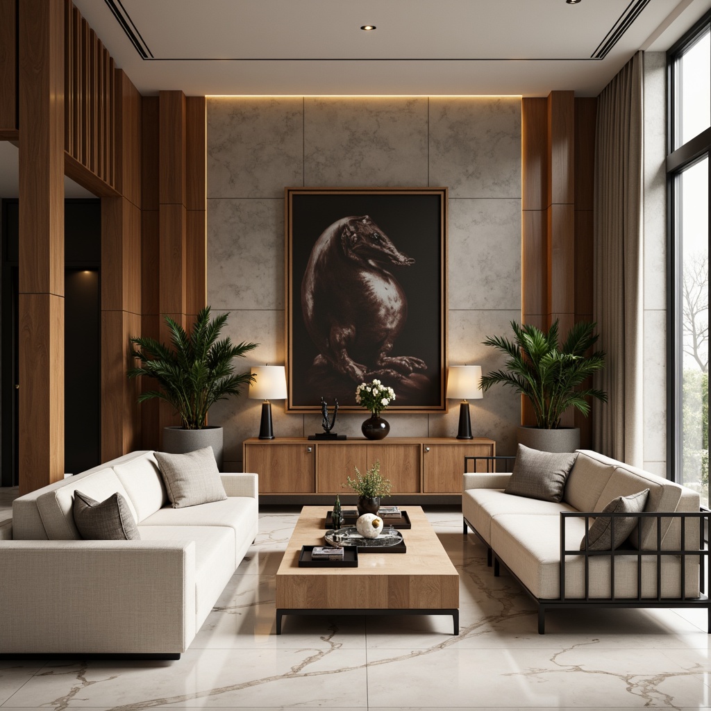 Prompt: Luxurious living room, smooth marble floors, glossy wood accents, sleek metal fixtures, matte finish walls, subtle texture variations, ambient soft lighting, 1/2 composition, shallow depth of field, warm color palette, comfortable seating areas, minimalist decor, modern interior design, sophisticated atmosphere, refined details, elegant furnishings.