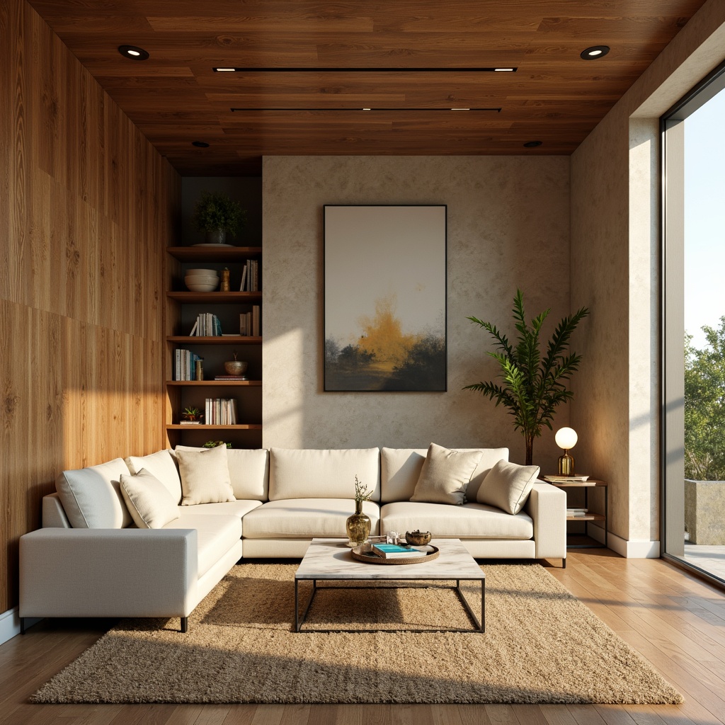 Prompt: Cozy living room, warm beige walls, rich walnut wood furniture, plush cream-colored sofa, soft golden lighting, ornate bronze lamp, modern minimalist decor, elegant marble coffee table, vibrant turquoise accents, natural fiber rug, comfortable reading nook, calming atmosphere, 1/1 composition, shallow depth of field, realistic textures.