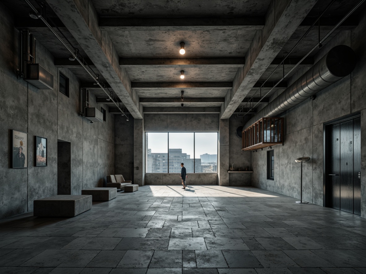 Prompt: Harsh concrete walls, rugged stone floors, brutalist architecture, industrial steel beams, minimalist decor, dramatic high ceilings, cold atmospheric lighting, diffused natural light, industrial metal lamps, exposed ductwork, raw urban textures, moody color palette, intense shadows, abstract compositions, cinematic low-key lighting, realistic material rendering.