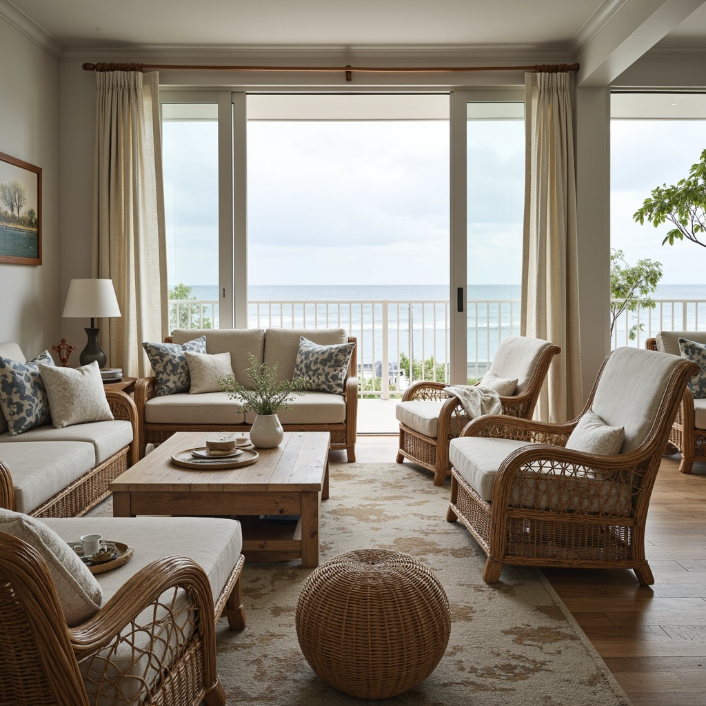 Prompt: Woven rattan furniture, natural fiber upholstery, ocean-inspired color palette, driftwood accents, coral patterns, shell-adorned decor, beachy linen fabrics, nautical rope details, distressed wood textures, sea-glass vases, ocean-breeze lighting, soft focus photography, 1/1 composition, atmospheric perspective, serene coastal scenery, misty morning ambiance, gentle wave sounds.