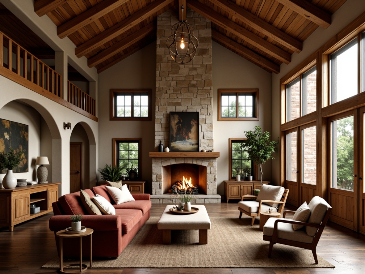 Prompt: Cozy living room, rich wood accents, plush velvet sofas, warm earthy tones, natural stone fireplaces, rustic wooden beams, vintage decorative items, distressed leather armchairs, woven wool rugs, soft warm lighting, 1/1 composition, realistic textures, ambient occlusion, warm candlelight, fragrant essential oils, handmade ceramic vases, natural linen upholstery, organic patterns, earthy color palette.