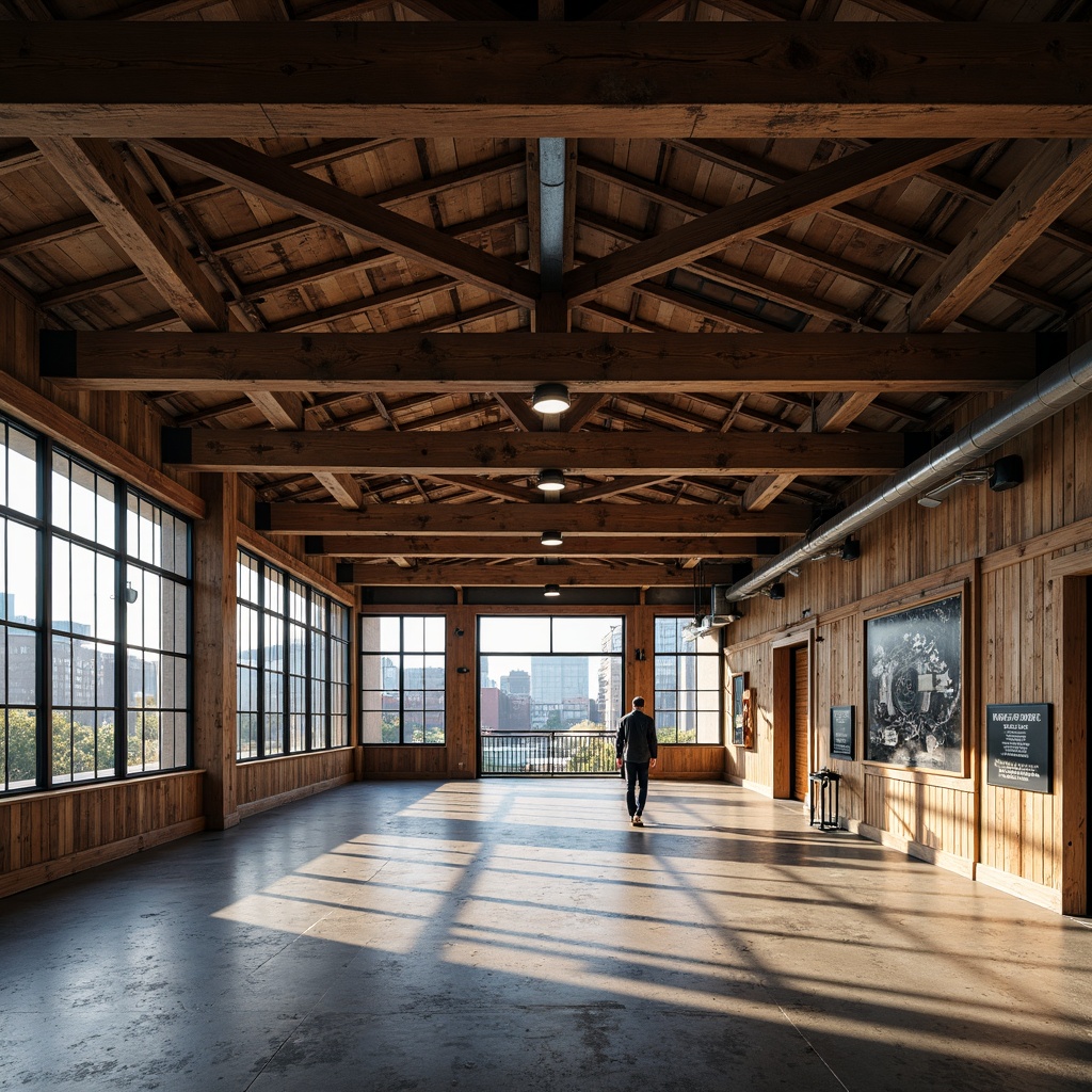 Prompt: Rustic memorial center, exposed beams, industrial metal framework, weathered wood accents, concrete flooring, minimalist decor, solemn atmosphere, natural light pouring in, large windows, urban landscape views, historic significance, commemorative plaques, subtle color palette, soft warm lighting, shallow depth of field, 3/4 composition, realistic textures, ambient occlusion.