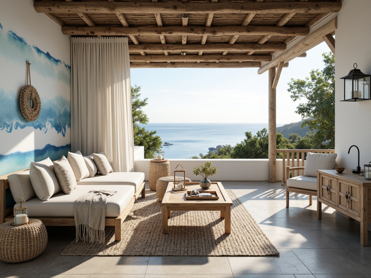 Prompt: Seaside villa, driftwood accents, ocean-inspired color palette, soothing blues and whites, natural textures, woven rattan furniture, coral-patterned rugs, shell-adorned decorative pieces, beachy lanterns, distressed wood finishes, nautical rope details, soft ocean breeze, warm sunny day, shallow depth of field, 1/1 composition, realistic ocean views, ambient occlusion.