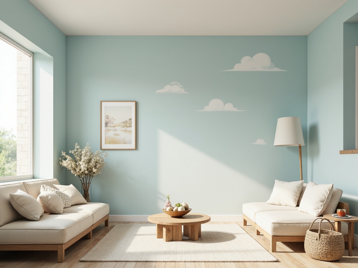 Prompt: Soft baby blue walls, creamy white accents, warm beige furniture, gentle natural lighting, cozy atmosphere, calming ambiance, soothing color scheme, delicate patterns, subtle textures, minimalist decor, modern simplicity, serene interior design, peaceful retreat, cloud-inspired ceiling, pale wooden floors, airy openness, relaxed mood, shallow depth of field, 1/1 composition, soft focus, warm tone.