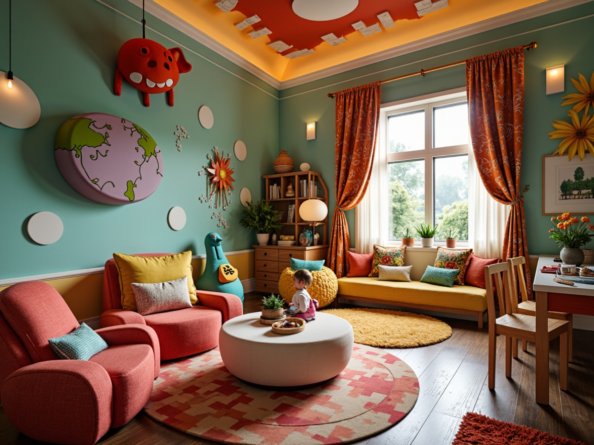 Prompt: Whimsical kids' room, vibrant color palette, playful patterns, curved lines, irregular shapes, fantastical creatures, oversized furniture, plush toys, soft cushions, wooden floors, cozy reading nooks, creative storage units, expressive lighting fixtures, hand-painted murals, textured rugs, irregularly shaped tables, artistic wall decorations, imaginative play areas, stimulating educational elements, warm and inviting atmosphere, shallow depth of field, 1/1 composition, dramatic chiaroscuro lighting.