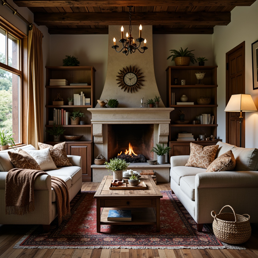 Prompt: Cozy living room, rustic wooden furniture, vintage decorative items, earthy color palette, woven baskets, natural fiber textiles, plush throw blankets, velvet pillows, linen upholstery, distressed leather accents, warm candlelight, soft warm lighting, shallow depth of field, 2/3 composition, intimate atmosphere, traditional craftsmanship, classic patterns, floral motifs, rich wood tones, stone fireplace, comfortable seating areas.