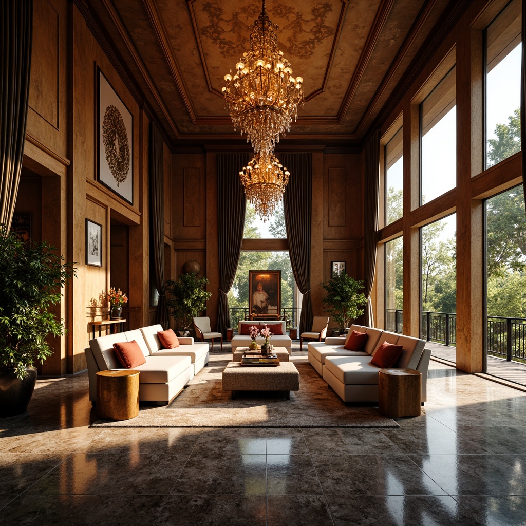 Prompt: Luxurious Art Deco villa, opulent furnishings, rich velvet fabrics, metallic accents, ornate patterns, geometric shapes, bold color schemes, glamorous chandeliers, marble floors, lavish drapery, intricate moldings, vintage decorative pieces, sunlit windows, warm ambient lighting, low-angle shot, cinematic composition, realistic reflections, soft focus blur.