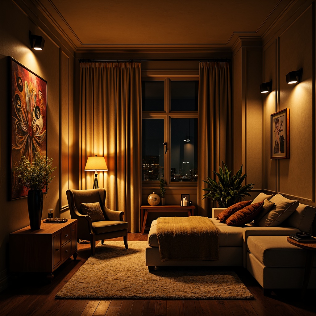 Prompt: Moody apartment interior, expressionist decor, dramatic lighting, warm golden tones, rich textures, bold color palette, eclectic furniture, abstract artwork, ornate fixtures, luxurious fabrics, velvet drapes, dimmable floor lamps, sconce lighting, warm LED strips, cozy reading nooks, intimate ambiance, atmospheric shadows, high contrast ratios, cinematic composition, 1/2 composition, soft focus blur, natural bokeh.