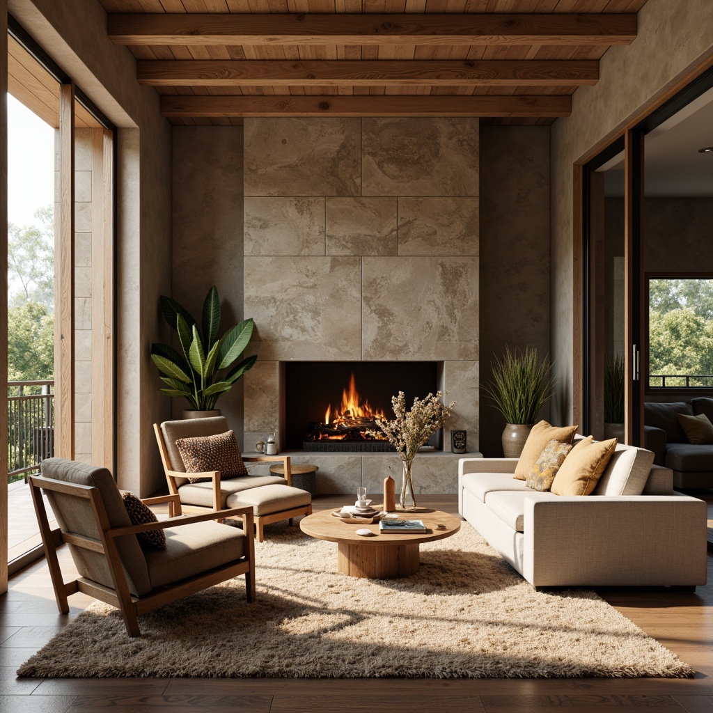 Prompt: Cozy living room, textured walls, earthy tone colors, natural stone accents, wooden furniture, plush rugs, warm lighting, inviting atmosphere, soft shadows, 3/4 composition, shallow depth of field, realistic textures, ambient occlusion.