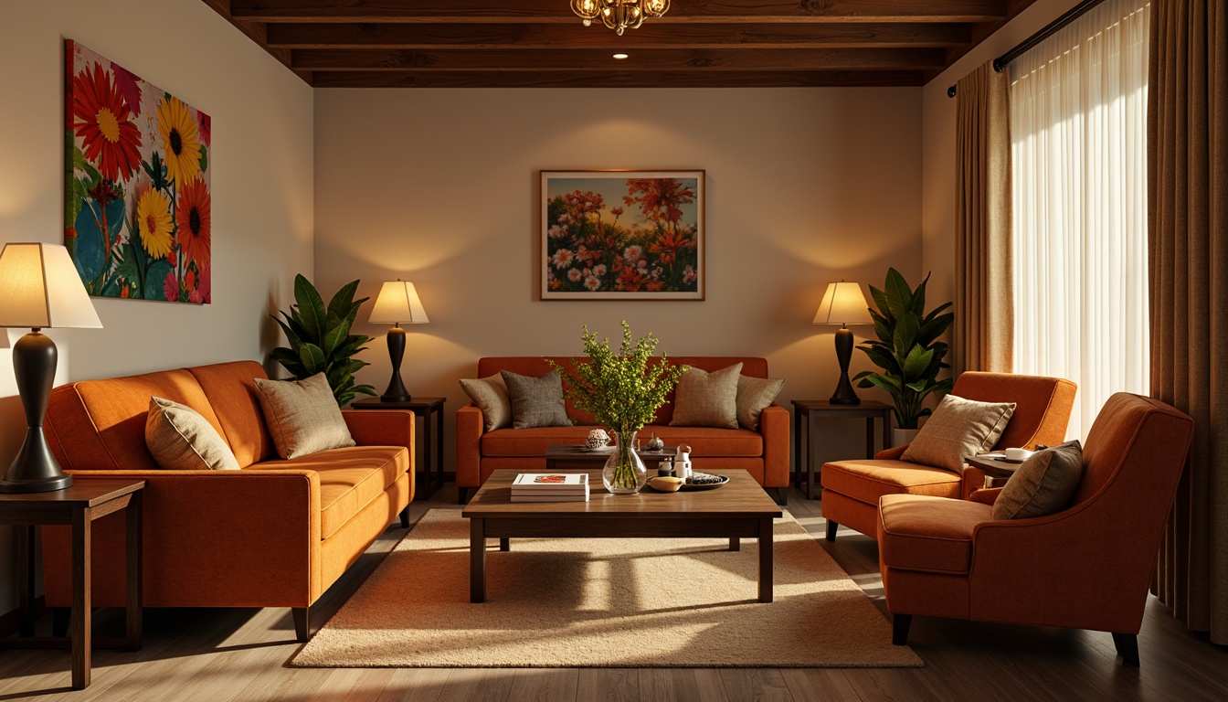 Prompt: Cozy living room, plush velvet sofa, soft cushioned armchairs, warm beige carpets, rich wood coffee tables, elegant floor lamps, comfortable throw blankets, vibrant colorful pillows, natural fiber upholstery, gentle lighting, shallow depth of field, 3/4 composition, realistic textures, ambient occlusion.