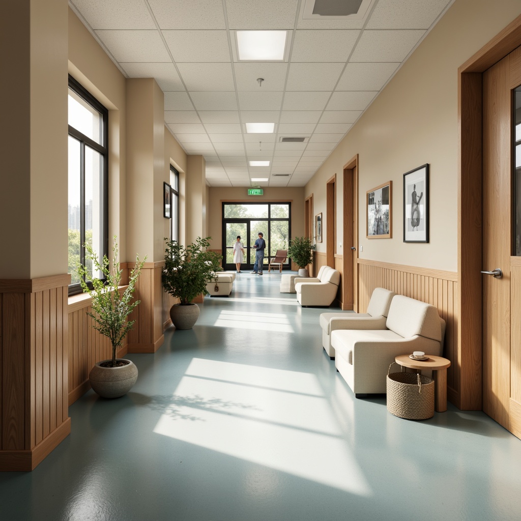 Prompt: Calming hospital corridors, soft beige walls, warm wood accents, soothing blue tones, natural light, gentle cream-colored furniture, subtle greenery, minimal ornamentation, functional design, easy navigation, comfortable waiting areas, acoustic ceiling tiles, noise reduction systems, LED lighting, 1/2 composition, shallow depth of field, realistic textures.