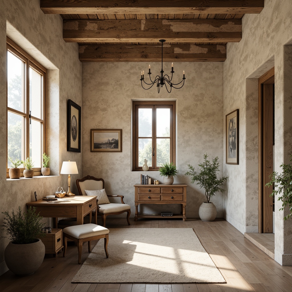 Prompt: Rustic stone walls, distressed wooden panels, soft cream-colored plaster, vintage window frames, ornate metal door handles, charming French country-style decor, cozy study nooks, plush area rugs, warm beige tones, natural linen fabrics, elegant chandeliers, soft warm lighting, 1/1 composition, intimate atmosphere, realistic textures, ambient occlusion.