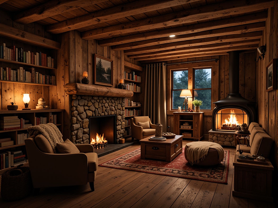 Prompt: Rustic cabin, wooden accents, earthy tones, dimmable lanterns, warm candlelight, exposed beams, stone fireplaces, cozy reading nooks, plush throw blankets, vintage metalware, distressed wood furniture, soft warm glow, subtle shadows, 1/1 composition, intimate atmosphere, realistic textures, ambient occlusion.