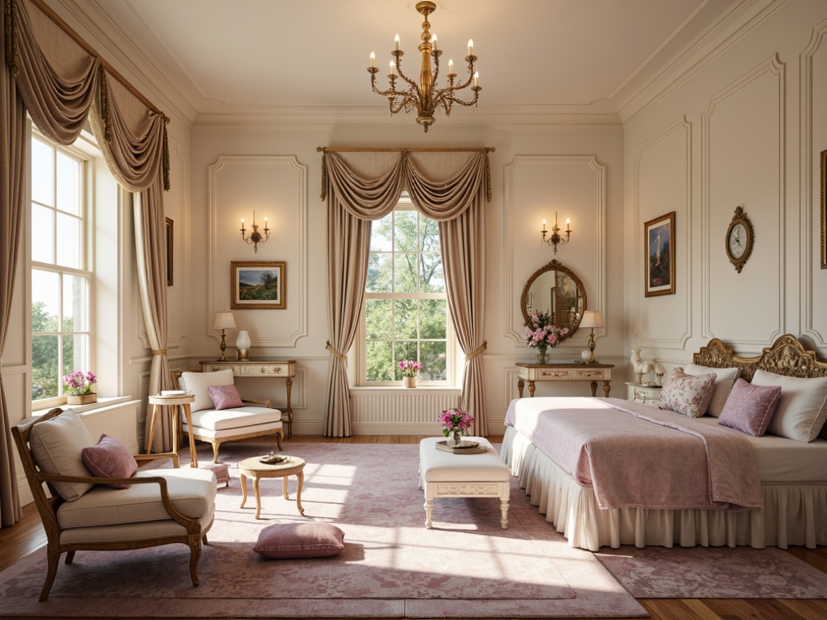 Prompt: Luxurious Rococo-style dorm, soft golden lighting, creamy white walls, ornate furnishings, velvet drapes, rich wood tones, delicate floral patterns, pastel hues, pale pink accents, lavender undertones, antique gold fixtures, intricate moldings, romantic ambiance, warm candlelight, gentle color gradations, subtle texture contrasts, classic French inspiration.