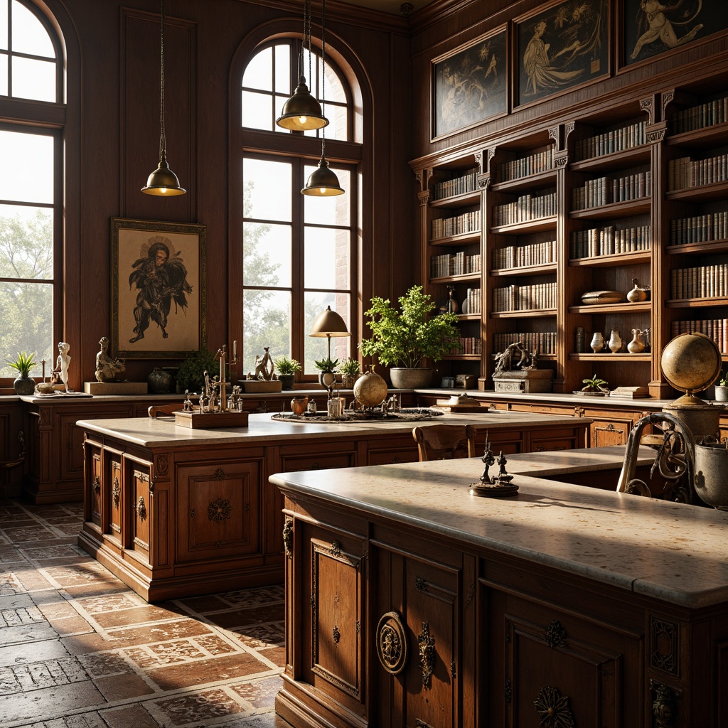 Prompt: Elegant laboratory, rich wood tones, ornate metal fixtures, vintage scientific instruments, distressed leather bound books, antique globes, intricate wooden cabinetry, polished marble countertops, ornamental floral patterns, high ceilings, large windows, natural light, warm golden lighting, shallow depth of field, 1/1 composition, realistic textures, ambient occlusion.