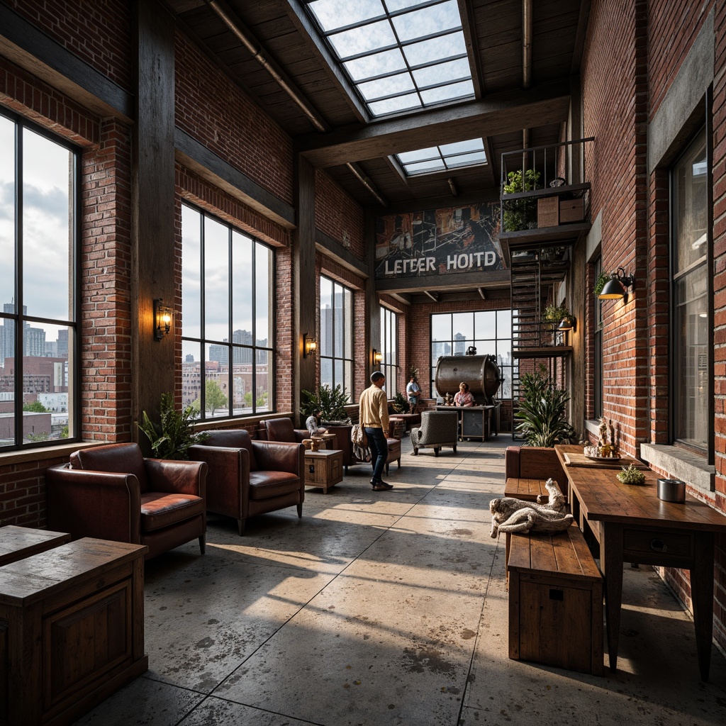 Prompt: Rustic industrial setting, exposed brick walls, metal beams, reclaimed wood floors, vintage machinery, distressed concrete textures, urban cityscape, cloudy gray sky, soft warm lighting, shallow depth of field, 1/2 composition, realistic wear and tear, ambient occlusion, functional pipes, old-fashioned lamps, metallic catwalks, wooden crates, industrial-style signage, worn leather furniture, eclectic decorative items.