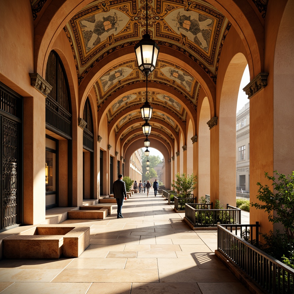 Prompt: Warm Mediterranean metro station, vaulted ceilings, ornate tile work, grand archways, soft warm lighting, golden accents, intricate mosaics, natural stone flooring, wrought iron railings, decorative lanterns, warm color palette, sunny day, shallow depth of field, 1/1 composition, realistic textures, ambient occlusion, subtle shadows, elegant chandeliers, refined metalwork, ornate plaster details.